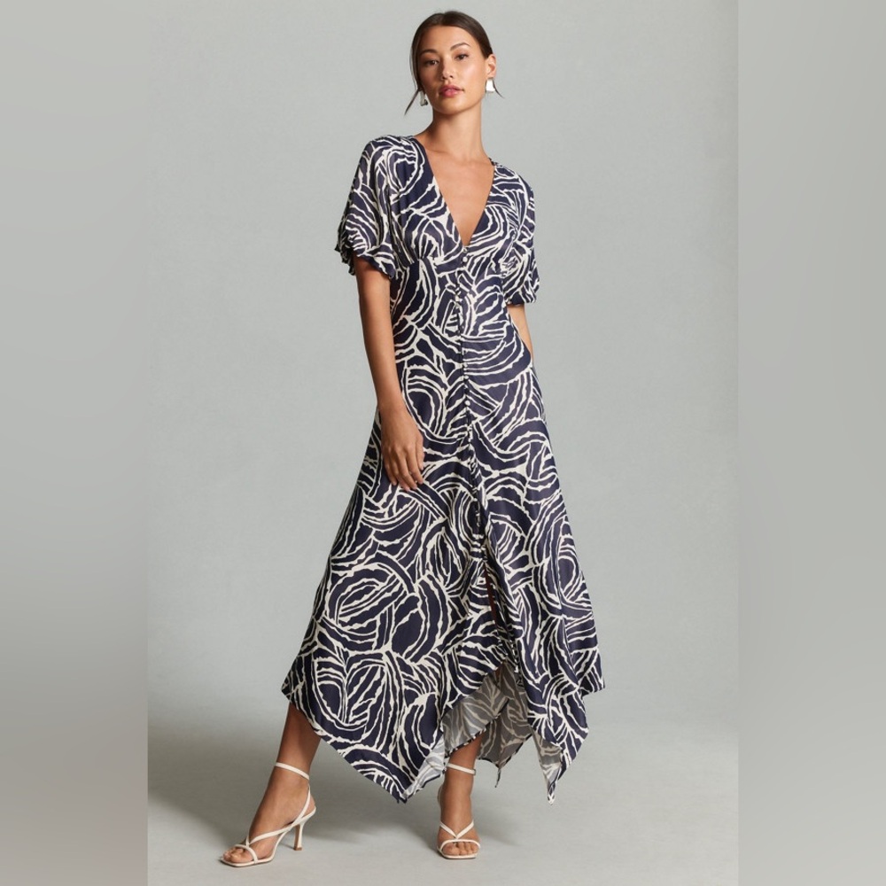 Anthropologie Short-Sleeve V-Neck Button-Front Midi Dress